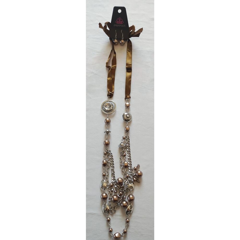 Silver Tone Brown Faux Pearl Ribbon Tie Back Layered Necklace Paparazzi New